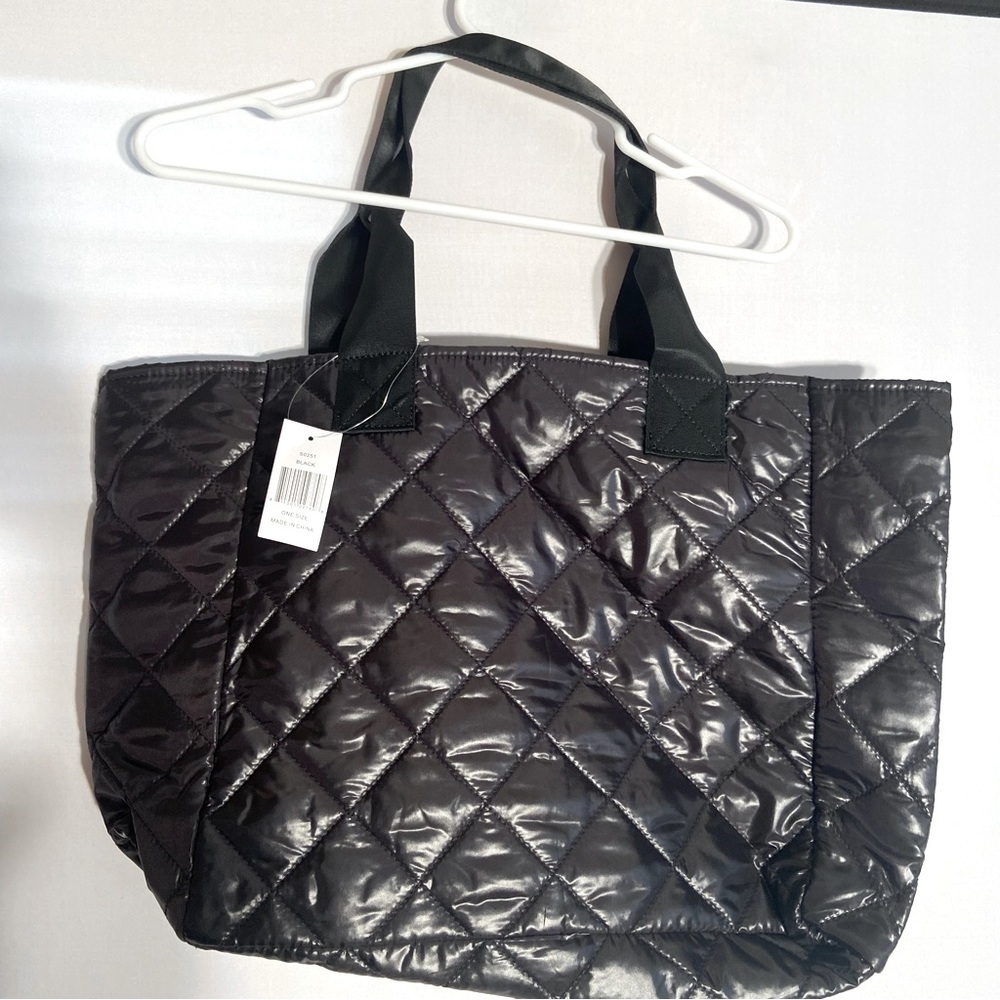 BNWT Black Saks Fifth Avenue diamond pattern with straps tote bag.